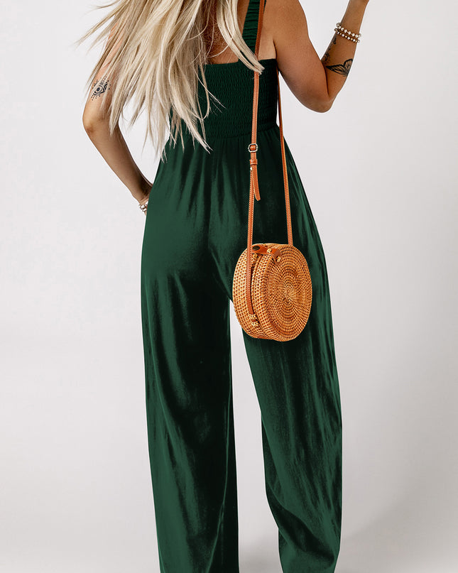 Ginger Smocked Sleeveless Wide Leg Jumpsuit with Pockets