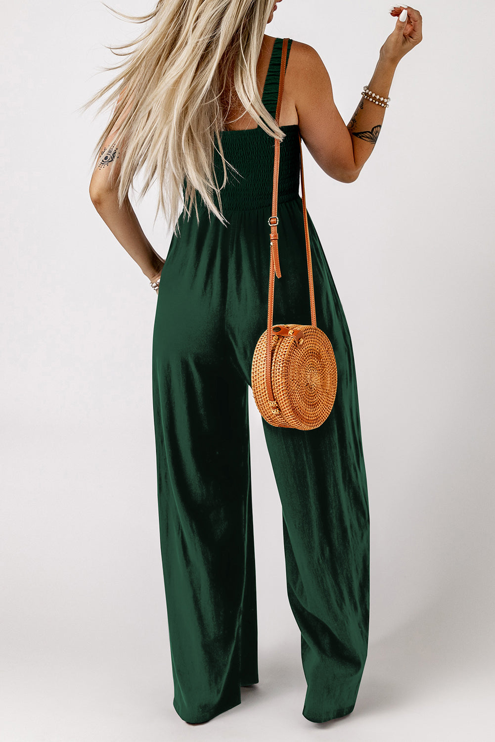 Ginger Smocked Sleeveless Wide Leg Jumpsuit with Pockets