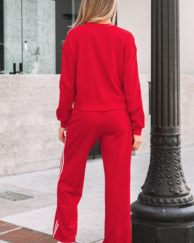 Fiery Red Varsity Striped Detail Crewneck Pullover Elastic Sweatpants 2pcs Outfit