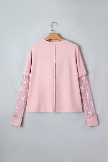 Light Pink Solid Color Bow Textured Patchwork Long Sleeve Tee