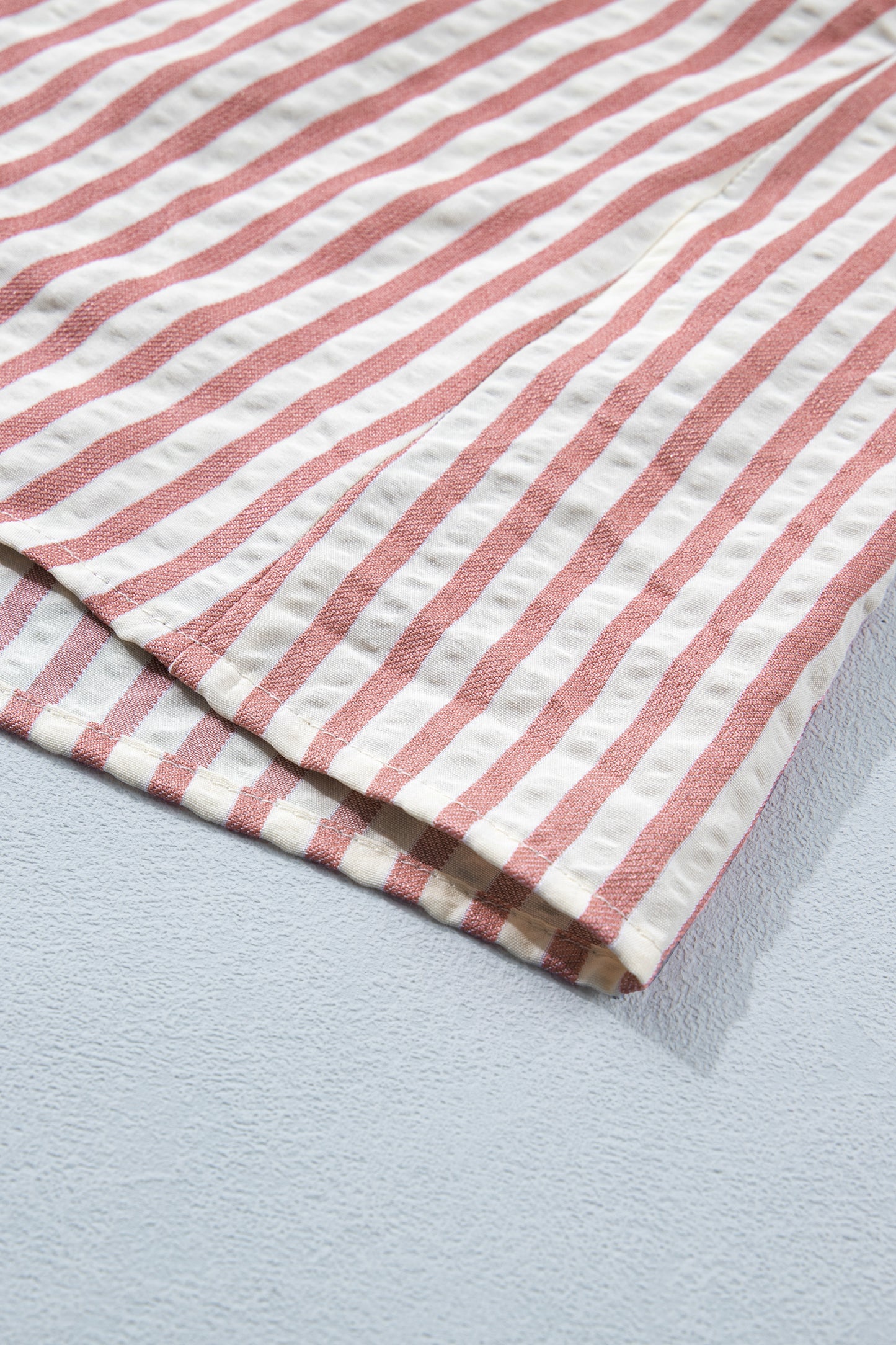 Sky Blue Stripe Leopard Trim V Neck Button Down Half Sleeve Shirt