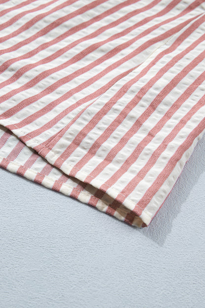 Sky Blue Stripe Leopard Trim V Neck Button Down Half Sleeve Shirt