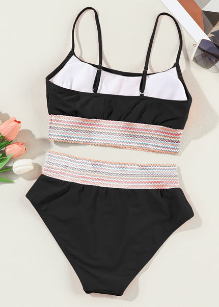 Peach Blossom Striped Patchwork Spaghetti Strap High Waist Bikini Swimsuit