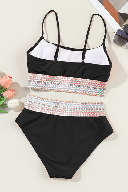 Peach Blossom Striped Patchwork Spaghetti Strap High Waist Bikini Swimsuit