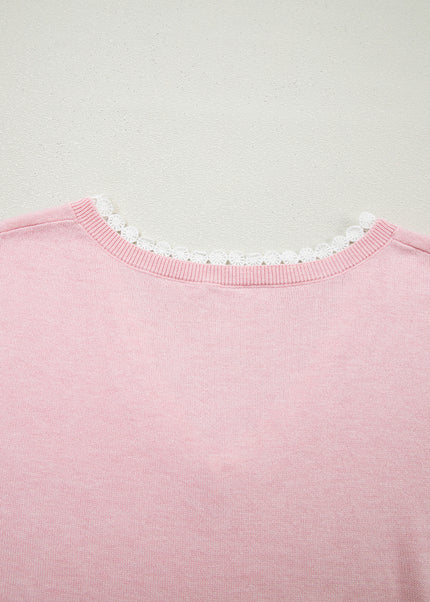 Strawberry Pink Lacy V Neckline Short Sleeve Sweater