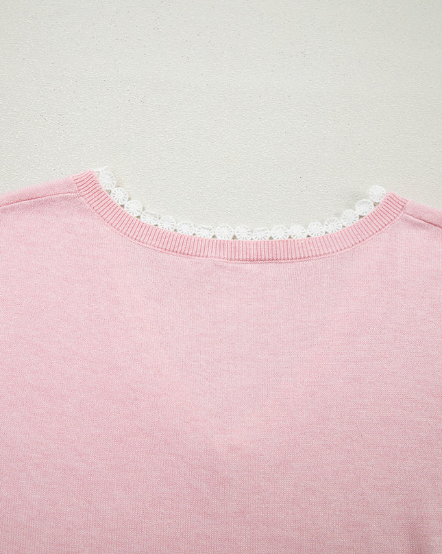 Strawberry Pink Lacy V Neckline Short Sleeve Sweater