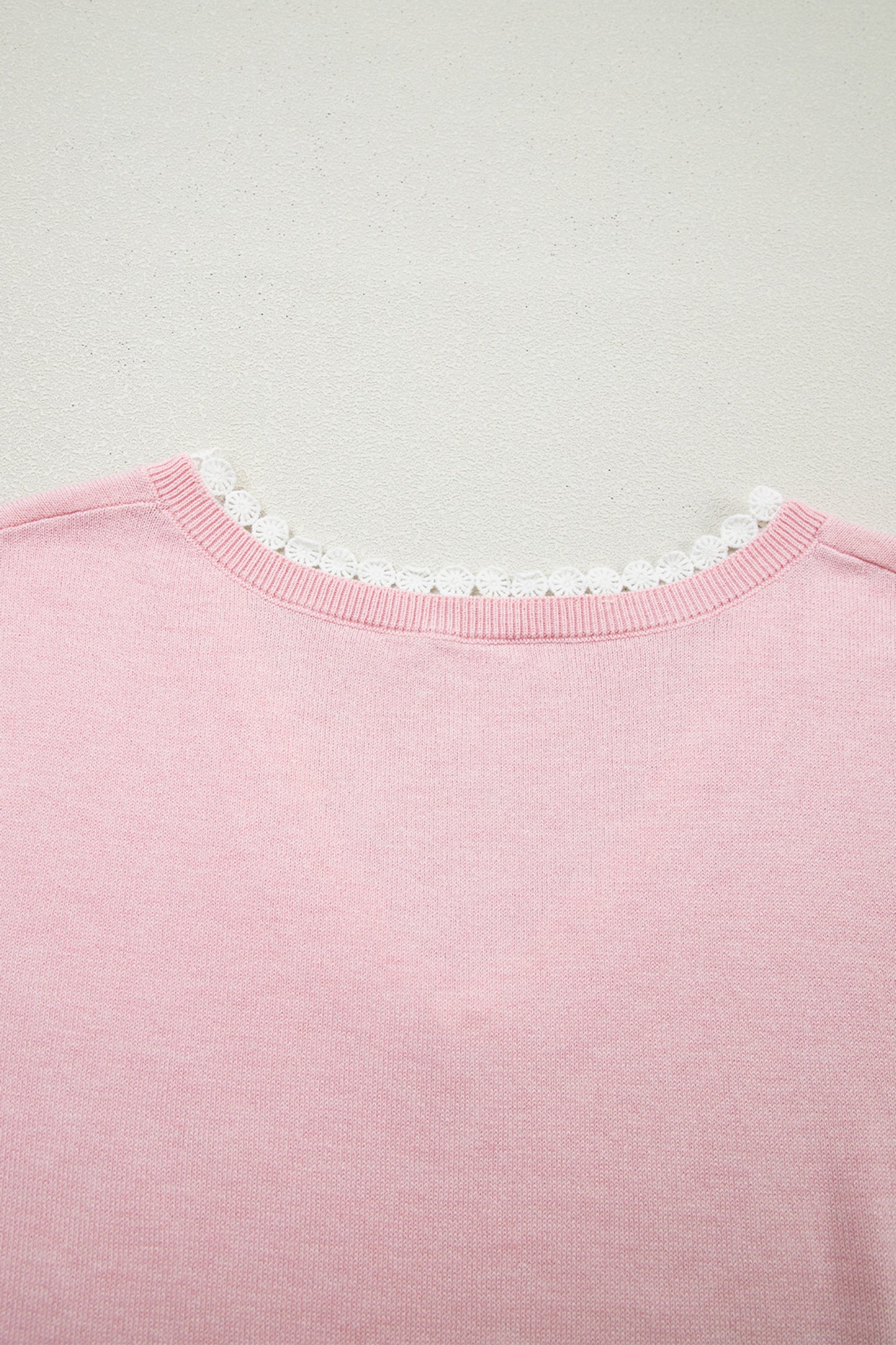 Strawberry Pink Lacy V Neckline Short Sleeve Sweater
