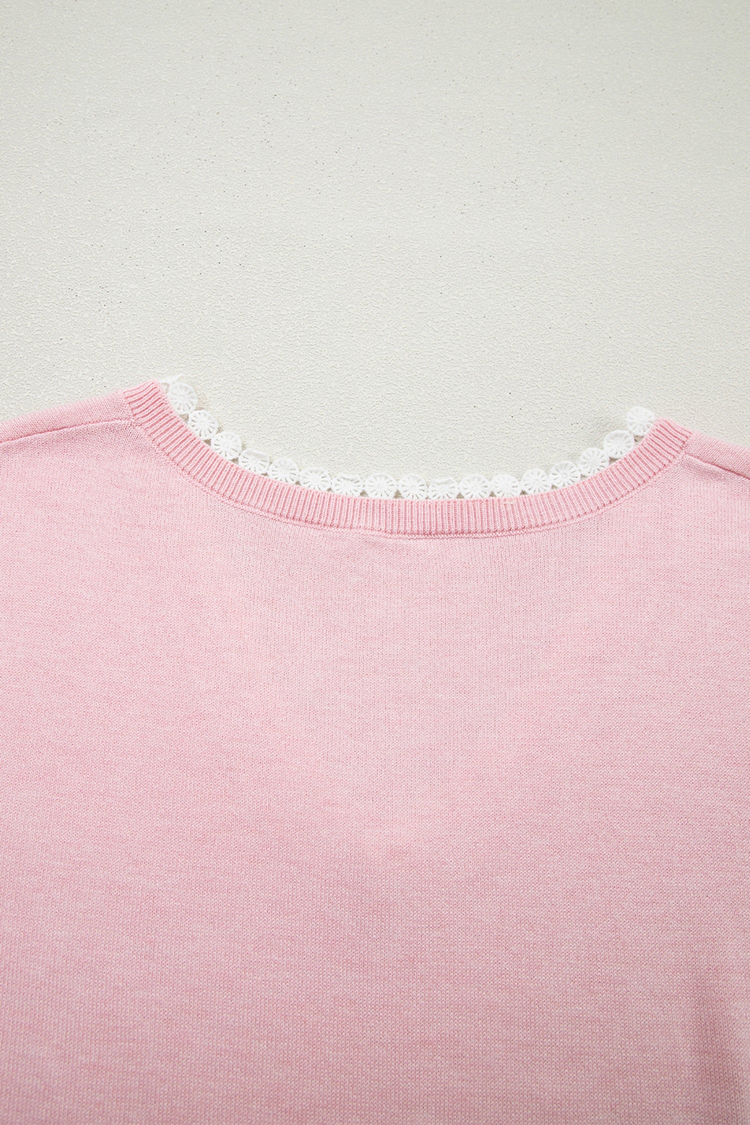 Strawberry Pink Lacy V Neckline Short Sleeve Sweater