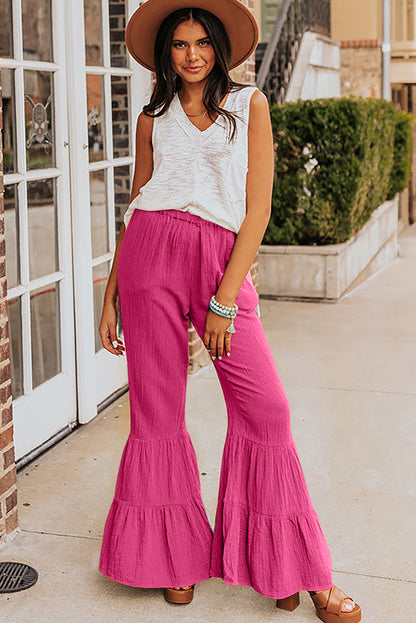 Rose Textured High Waist Ruffled Bell Bottom Pants