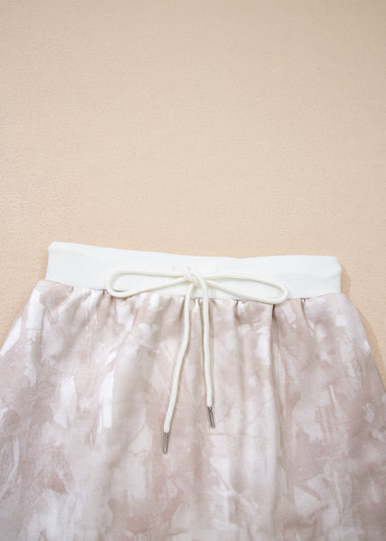 White Abstract Woodland Print Balloon Sleeve Pullover Drawstring Mini Skort Set