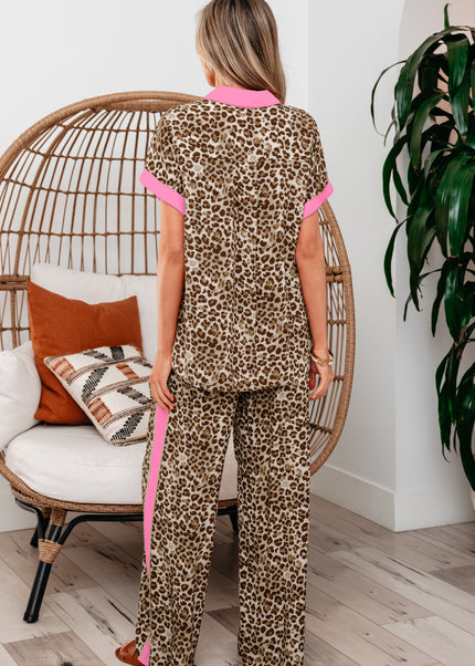 Brown Contrast Trim Leopard Top and Pant Set