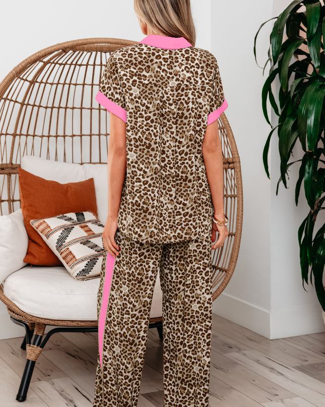 Brown Contrast Trim Leopard Top and Pant Set