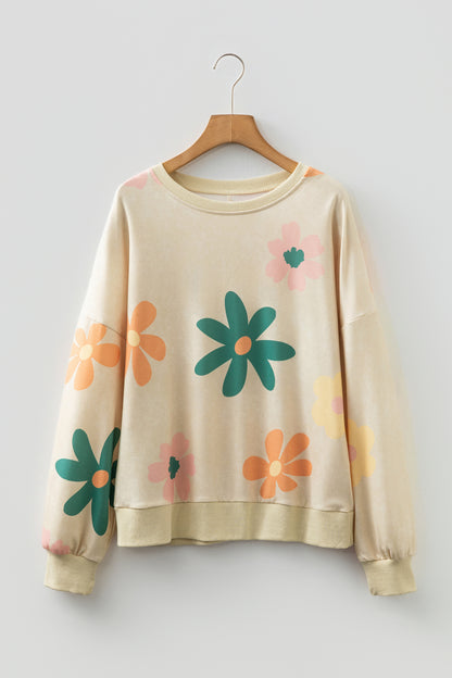 Khaki Mineral Washed French Terry Flower Print Sweatshirt