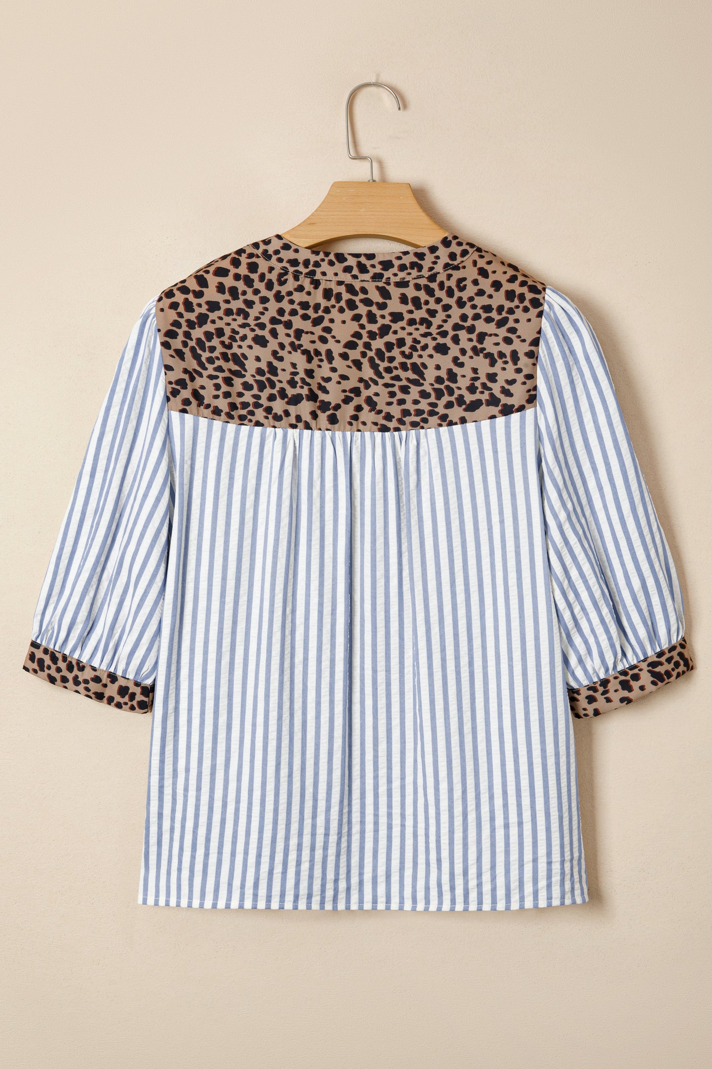 Sky Blue Stripe Leopard Trim V Neck Button Down Half Sleeve Shirt