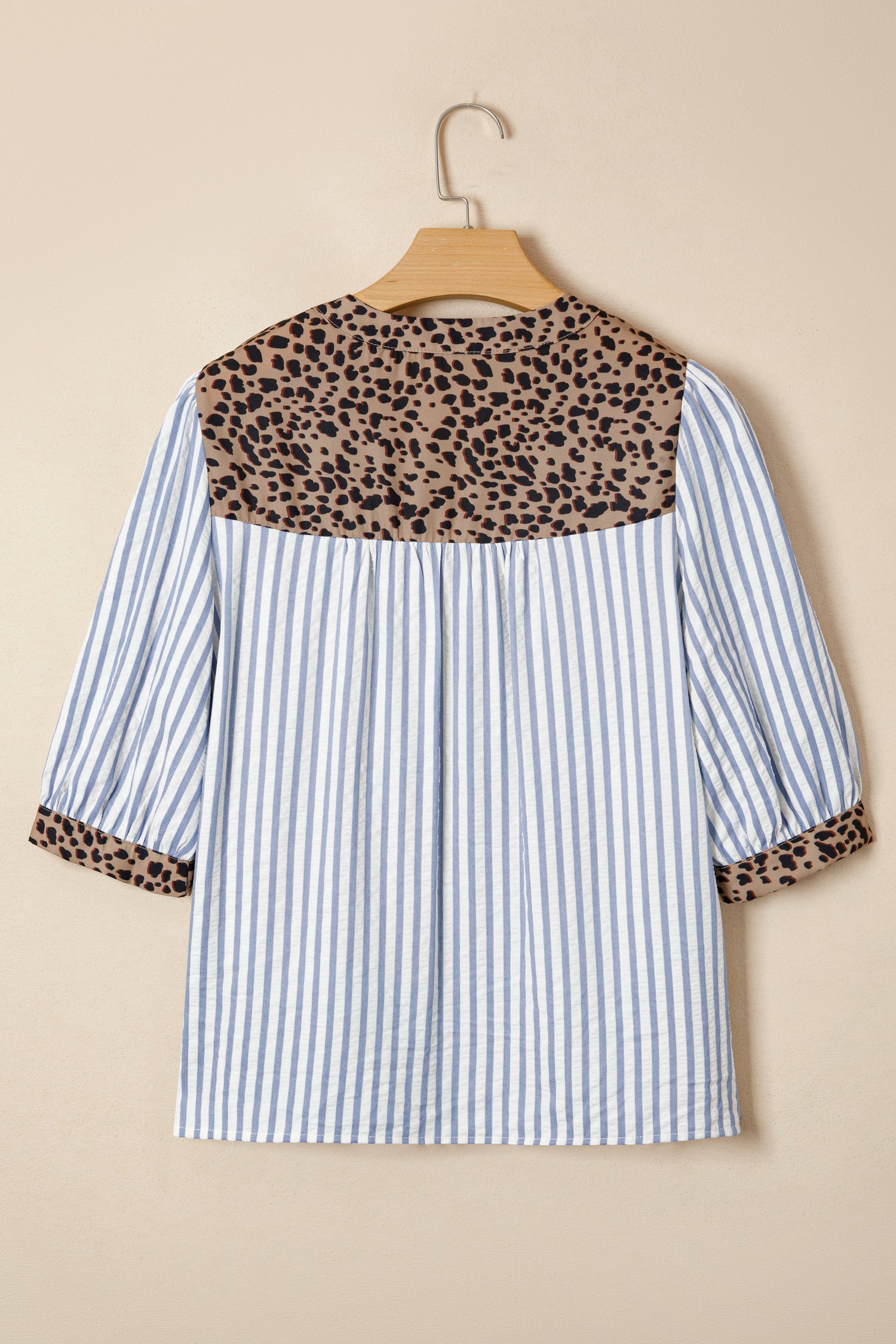 Sky Blue Stripe Leopard Trim V Neck Button Down Half Sleeve Shirt