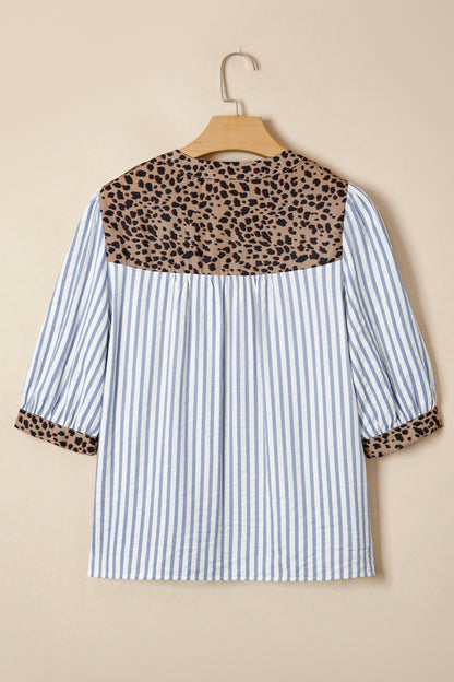 Sky Blue Stripe Leopard Trim V Neck Button Down Half Sleeve Shirt