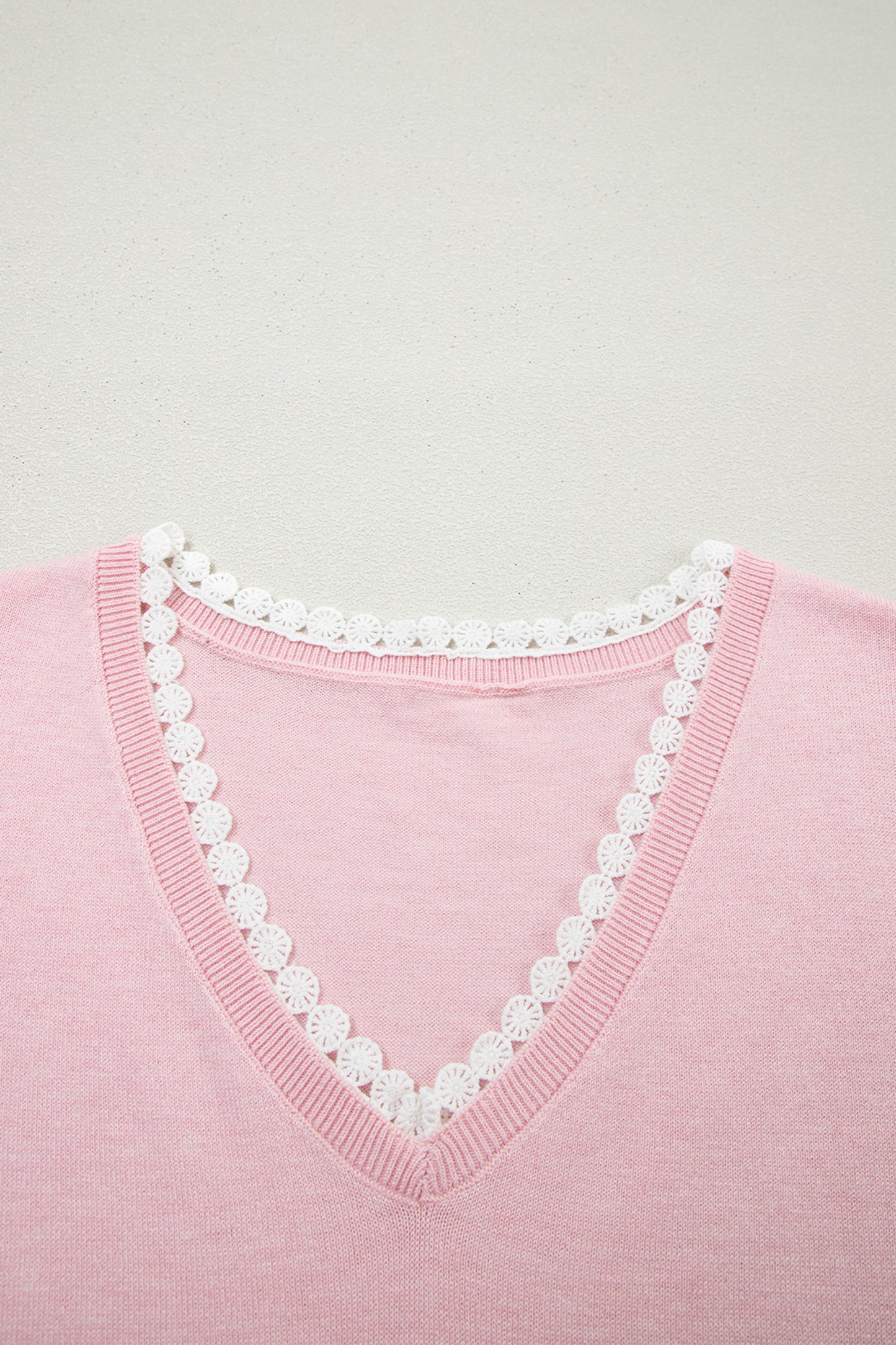 Strawberry Pink Lacy V Neckline Short Sleeve Sweater