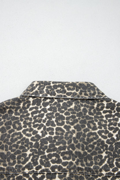Gray Vintage Leopard Print Short Sleeve Loose Cotton Denim Shirt