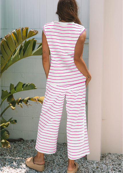 Rose Stripe Casual Wide Leg 2pcs Pants Set