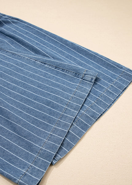 Sky Blue Stripe Button Pleated Drawstring Waist Casual Wide Leg Jeans