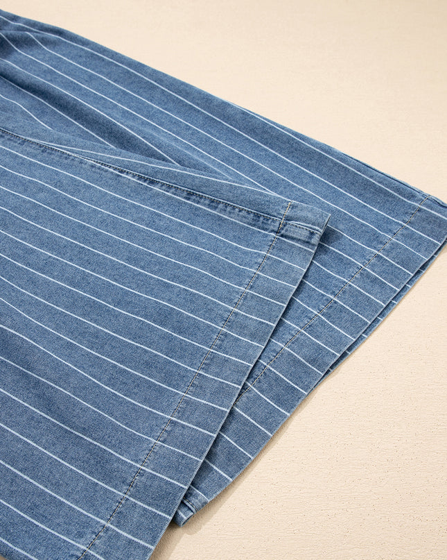 Sky Blue Stripe Button Pleated Drawstring Waist Casual Wide Leg Jeans