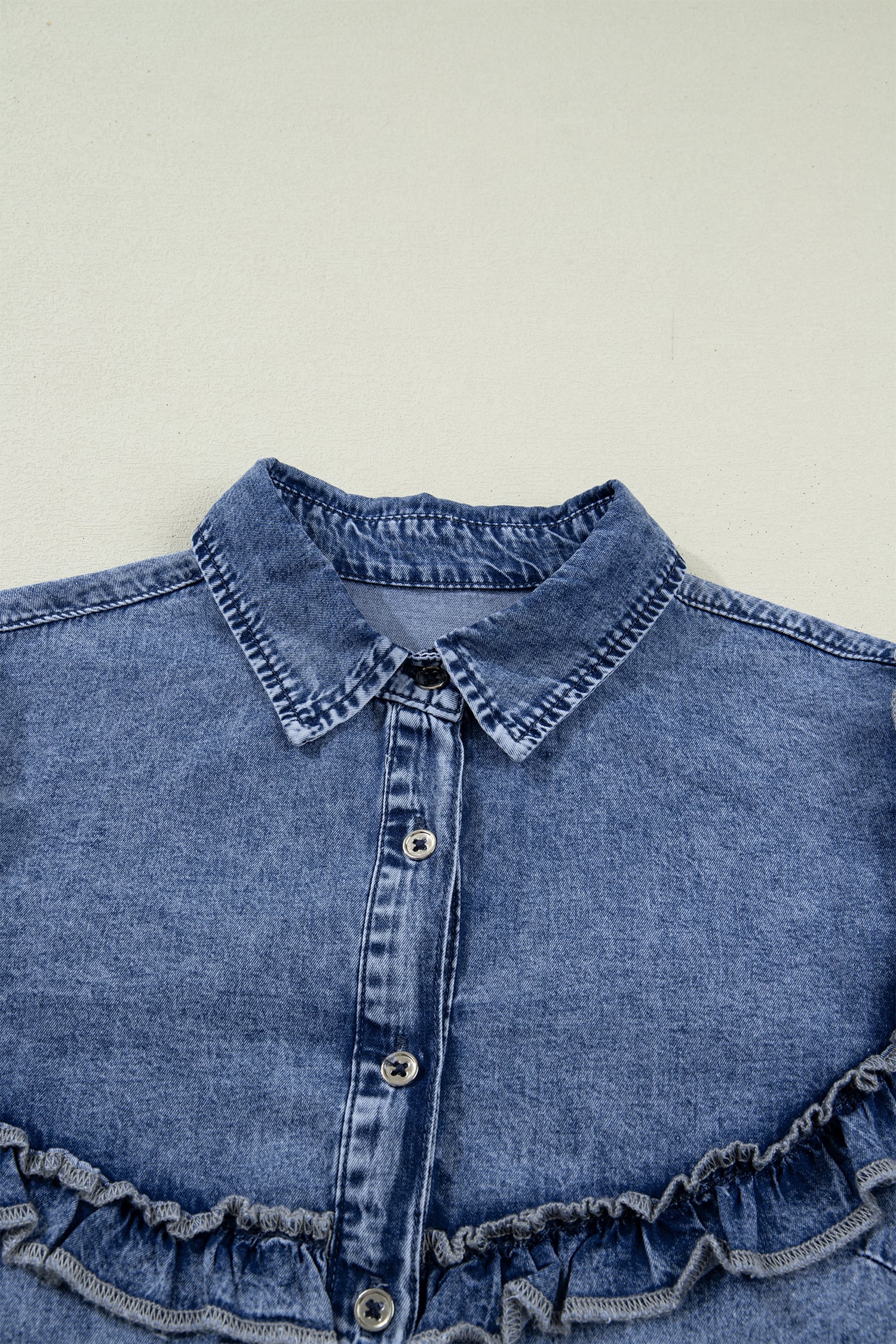 Dusk Blue Vintage Wash Denim Ruffle Detail Button Down Shirt