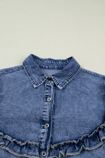 Dusk Blue Vintage Wash Denim Ruffle Detail Button Down Shirt