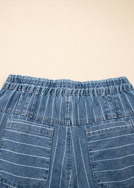 Sky Blue Stripe Button Pleated Drawstring Waist Casual Wide Leg Jeans