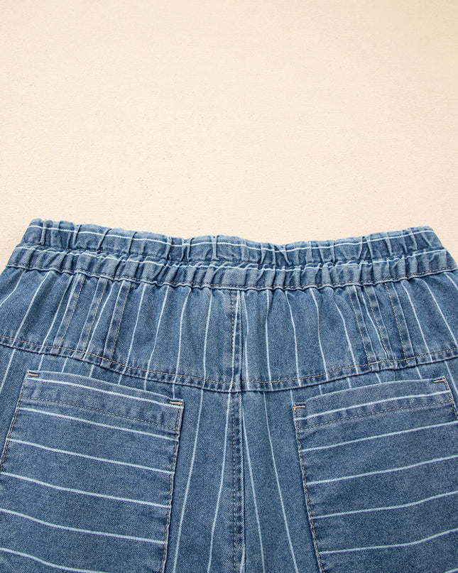 Sky Blue Stripe Button Pleated Drawstring Waist Casual Wide Leg Jeans