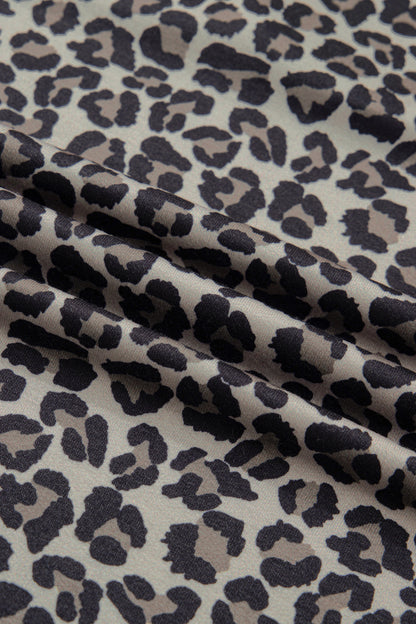 Khaki Leopard Print Half Zip Striped Trim Patchwork Short Sleeve Top