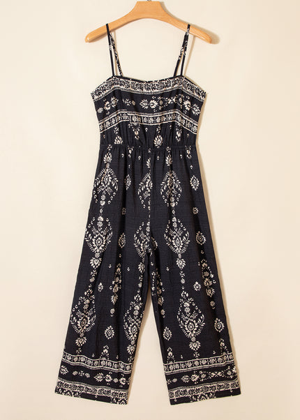 Black Spaghetti Straps Elastic Waist Loose Ethnic Print Jumpsuit