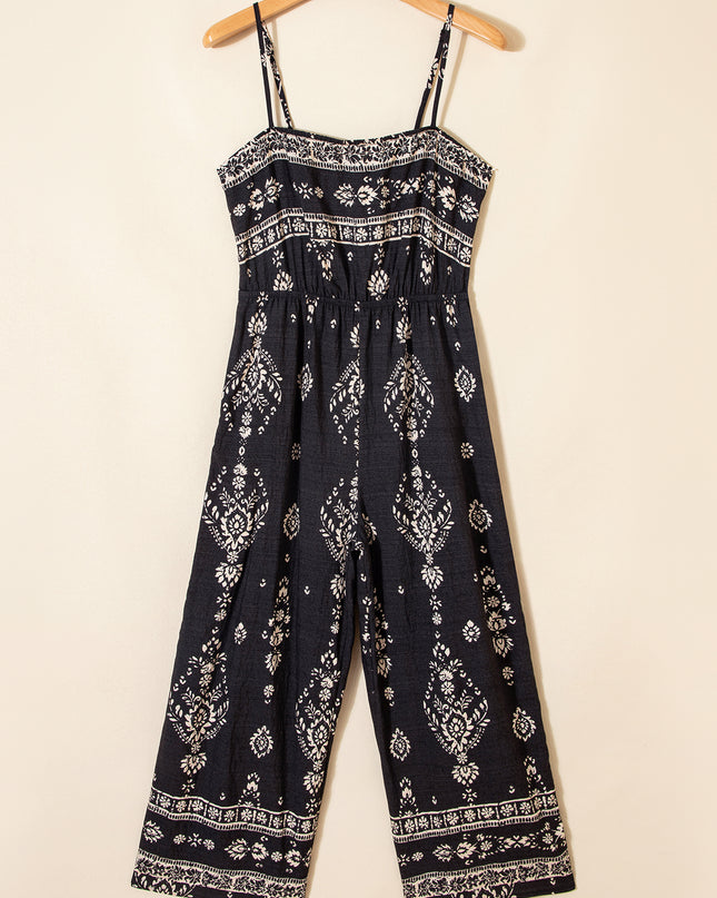 Black Spaghetti Straps Elastic Waist Loose Ethnic Print Jumpsuit