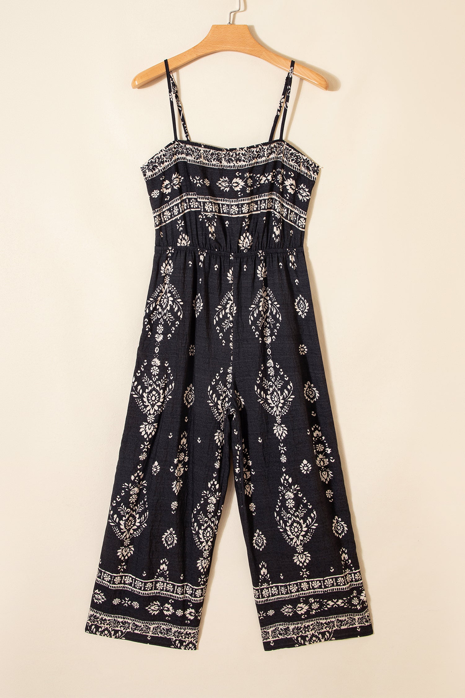 Black Spaghetti Straps Elastic Waist Loose Ethnic Print Jumpsuit