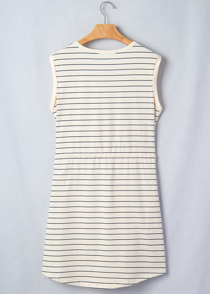Beige Stripe Drawstring Tunic Tank Mini Dress with Pockets