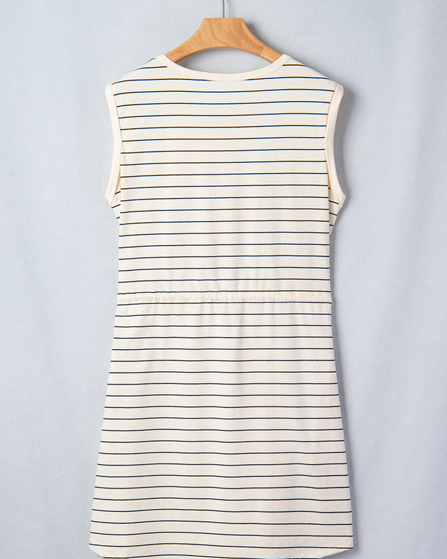 Beige Stripe Drawstring Tunic Tank Mini Dress with Pockets
