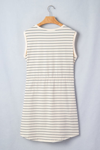 Beige Stripe Drawstring Tunic Tank Mini Dress with Pockets