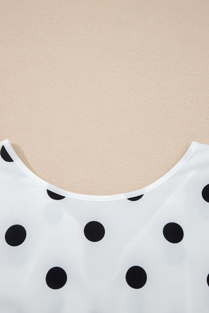White Polka Dot Print Round Neck Frilled Long Sleeve Blouse