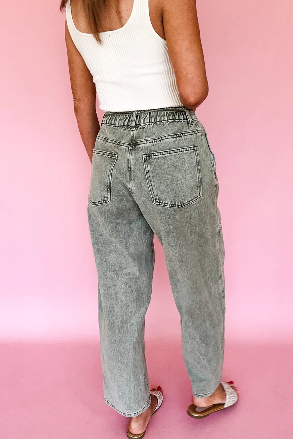 Smoke Gray Acid Wash Barrel Fit Denim Pants with Waist String