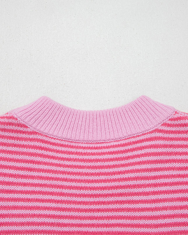 Gray Stripe Contrast Heart Pattern Valentine Knit Sweater