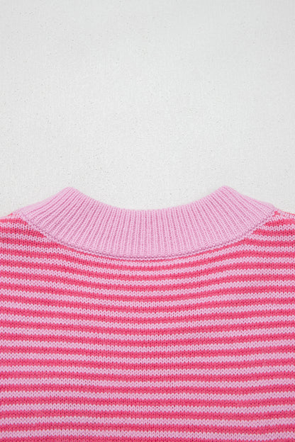 Gray Stripe Contrast Heart Pattern Valentine Knit Sweater