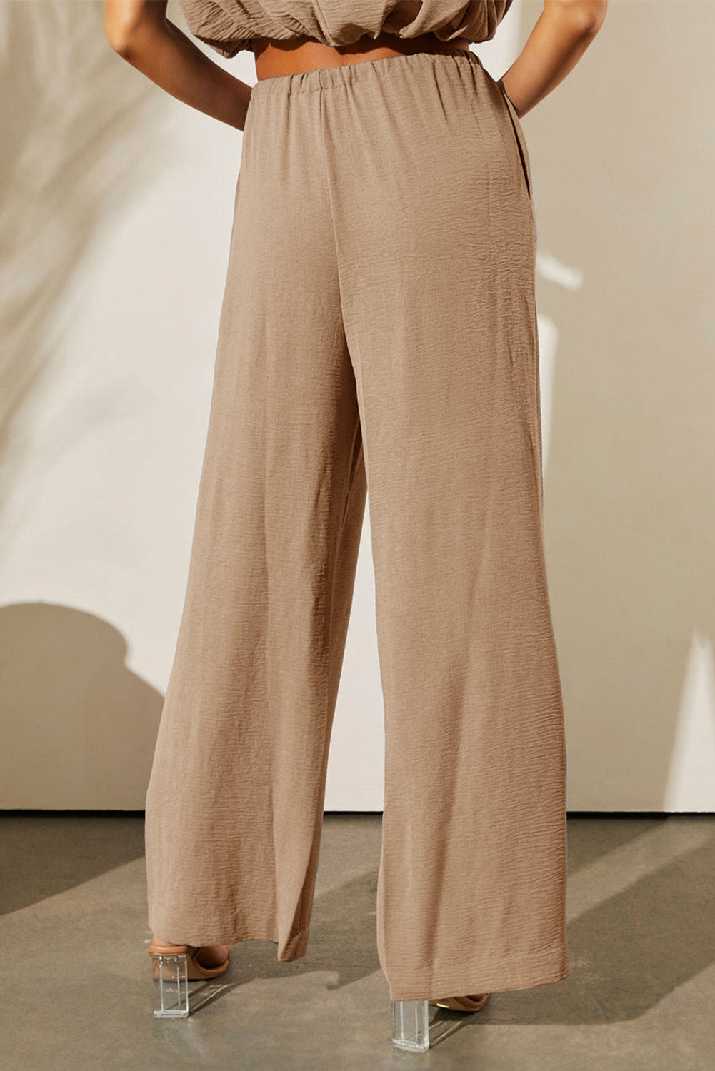 Pale Khaki Solid Color Keyhole Puffy Tank Drawstring Loose Pants 2pcs Set Outfit