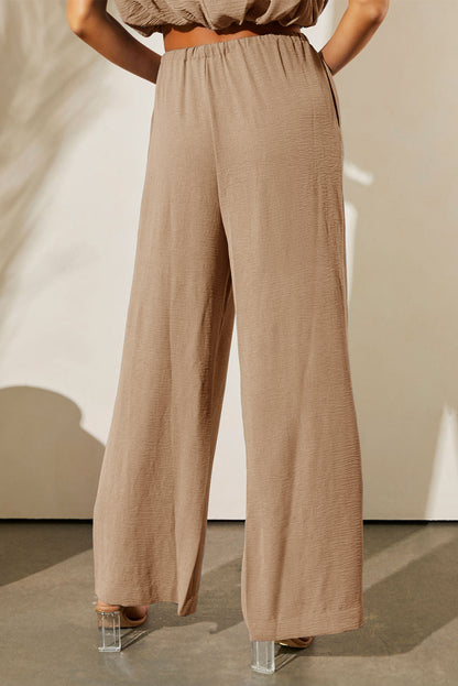 Pale Khaki Solid Color Keyhole Puffy Tank Drawstring Loose Pants 2pcs Set Outfit