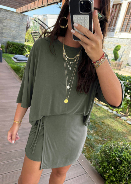 Laurel Green Solid Color Oversize Tee Tie Wrap Mini Skort 2pcs Set