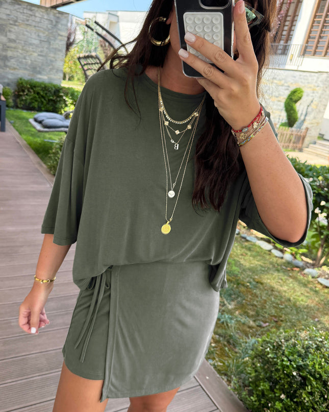 Laurel Green Solid Color Oversize Tee Tie Wrap Mini Skort 2pcs Set