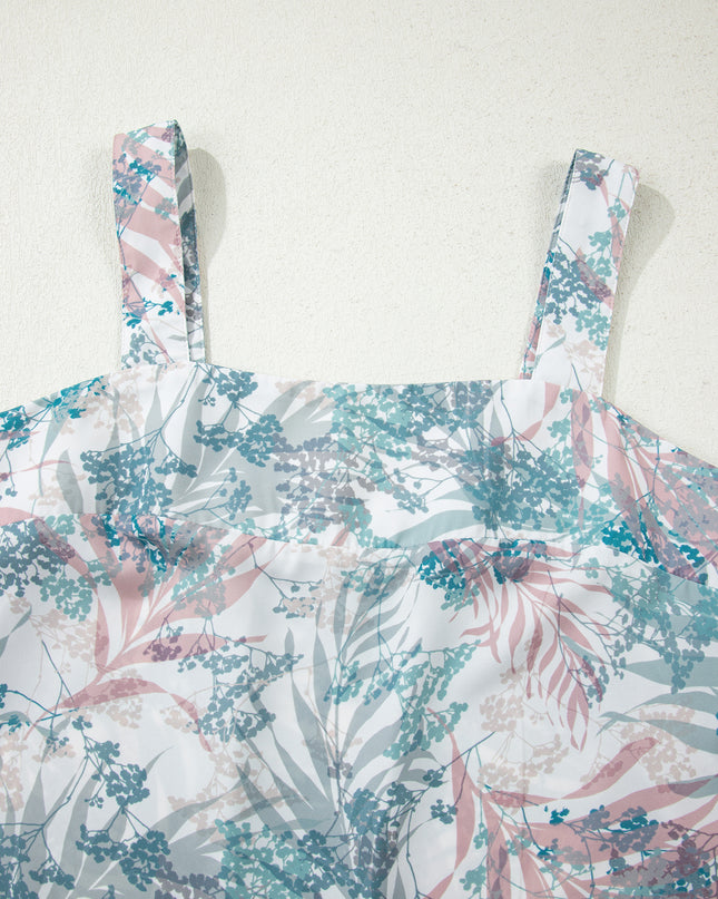 Green Tropical Palm Printed Cropped Tank Drawstring Wide Leg Pant Set