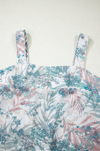 Green Tropical Palm Printed Cropped Tank Drawstring Wide Leg Pant Set