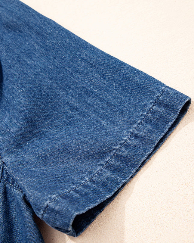 Blue Zip up Collared Short Sleeve Shift Mini Denim Dress