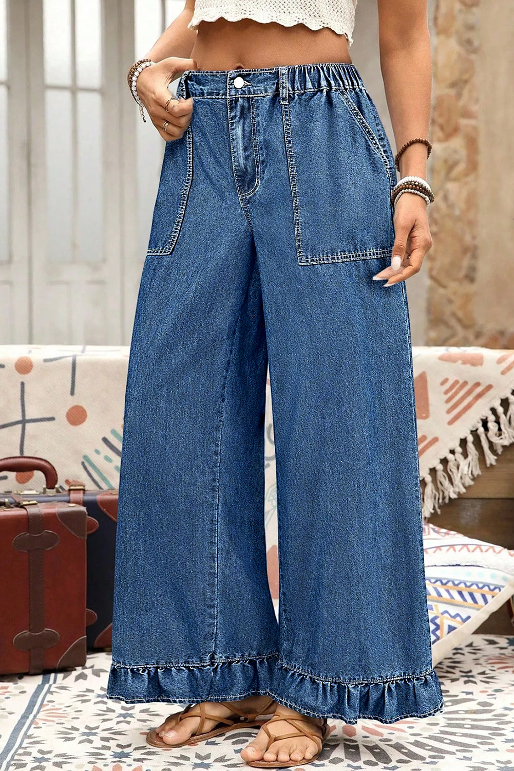 Sail Blue Plus Size Elastic Waist Ruffled Wide Leg Denim Pants