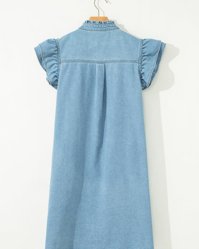Myosotis Frilled Detail Button Down Ruffle Short Sleeve Denim Mini Dress