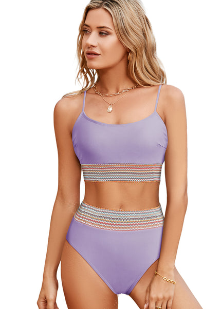 Peach Blossom Striped Patchwork Spaghetti Strap High Waist Bikini Swimsuit